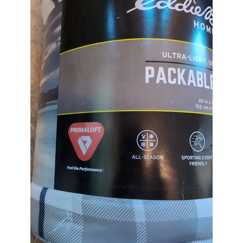 NEW Eddie Bauer Packable Throw 60 X 70 inches Gray Blue White Checked Pattern - Picture 2 of 9